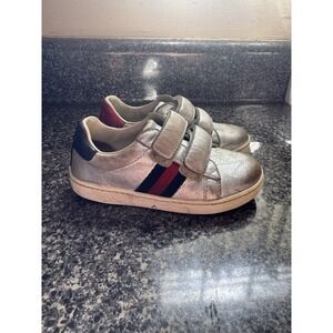 Gucci Toddler Leather Low-Top Silver Metallic‎ Sneakers - Size Kids EU 25 / US 9